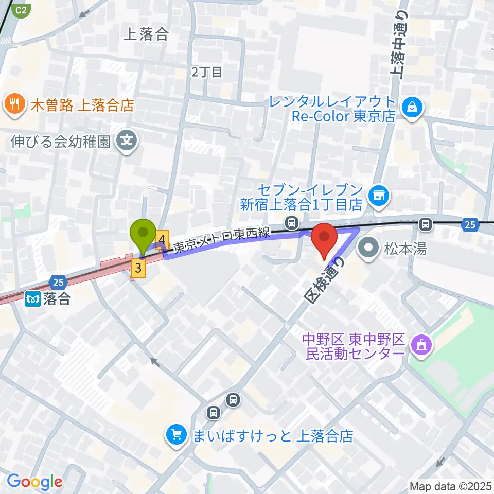 プラチナムガレージの最寄駅落合駅からの徒歩ルート（約3分）地図