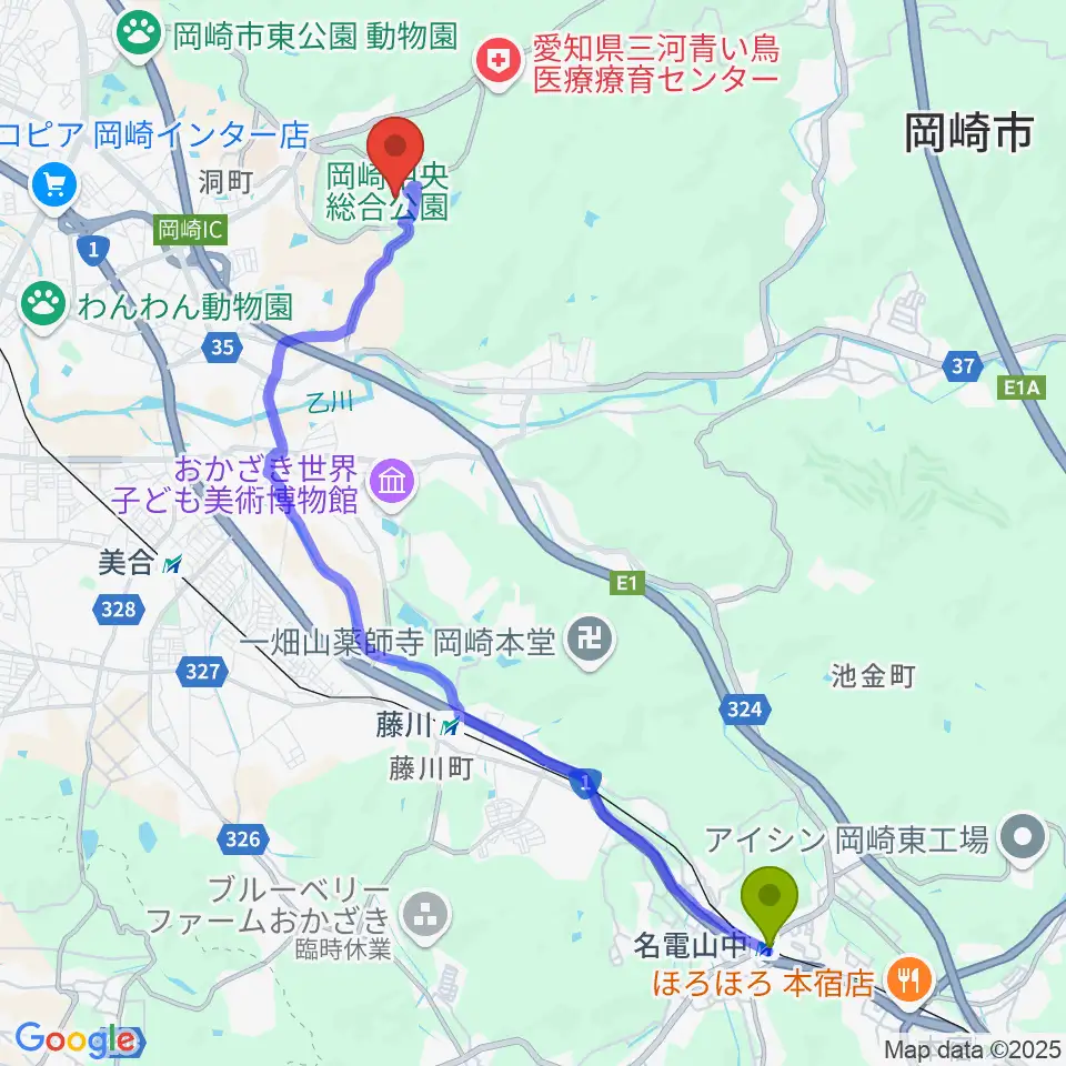 名電山中駅から岡崎レッドダイヤモンドスタジアムへのルートマップ地図