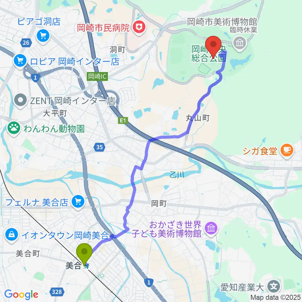 美合駅から岡崎レッドダイヤモンドスタジアムへのルートマップ地図