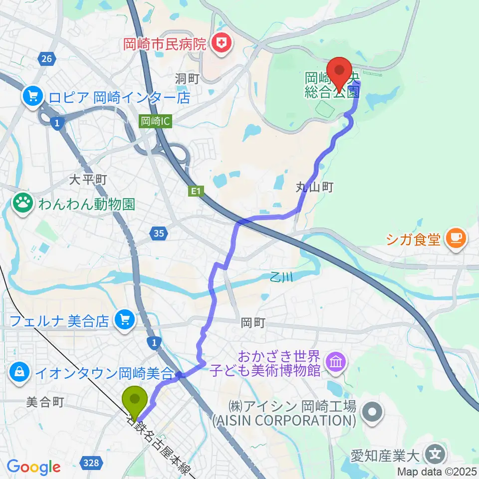 美合駅から岡崎レッドダイヤモンドスタジアムへのルートマップ地図