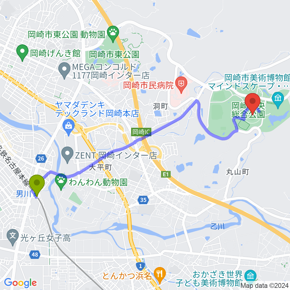 岡崎レッドダイヤモンドスタジアムの最寄駅男川駅からの徒歩ルート（約50分）地図
