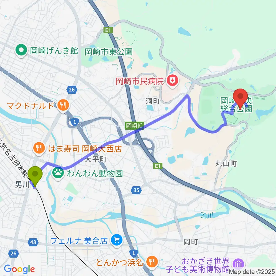 岡崎レッドダイヤモンドスタジアムの最寄駅男川駅からの徒歩ルート（約50分）地図