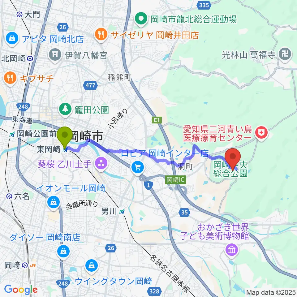 東岡崎駅から岡崎レッドダイヤモンドスタジアムへのルートマップ地図