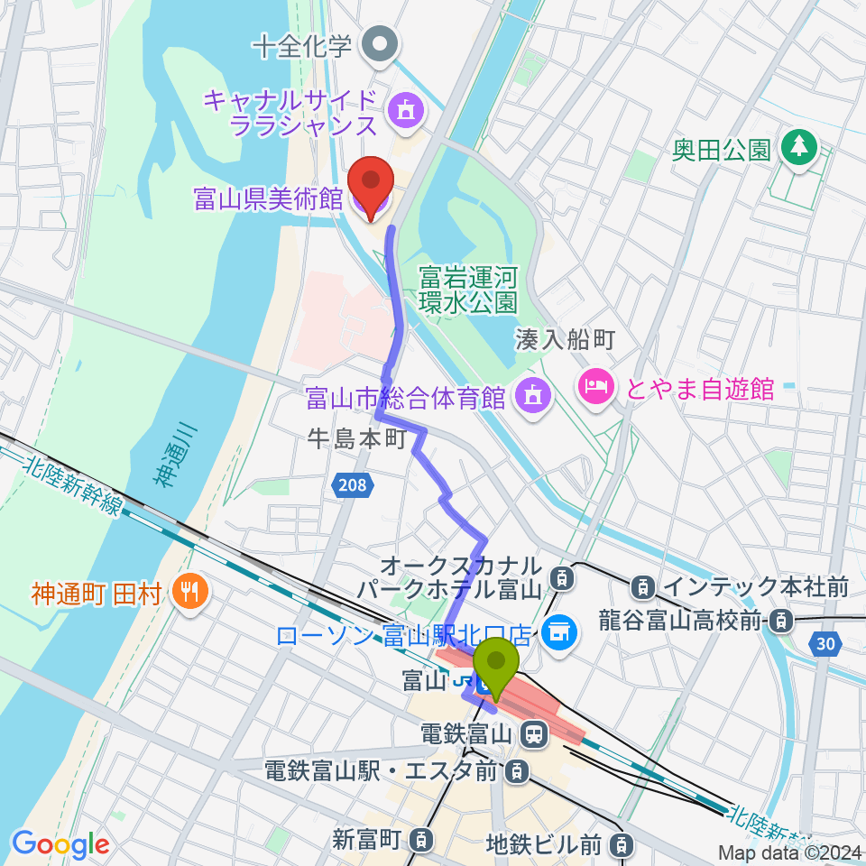 富山駅から富山県美術館へのルートマップ地図