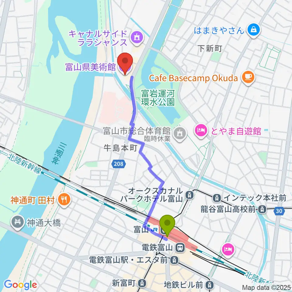 富山駅から富山県美術館へのルートマップ地図