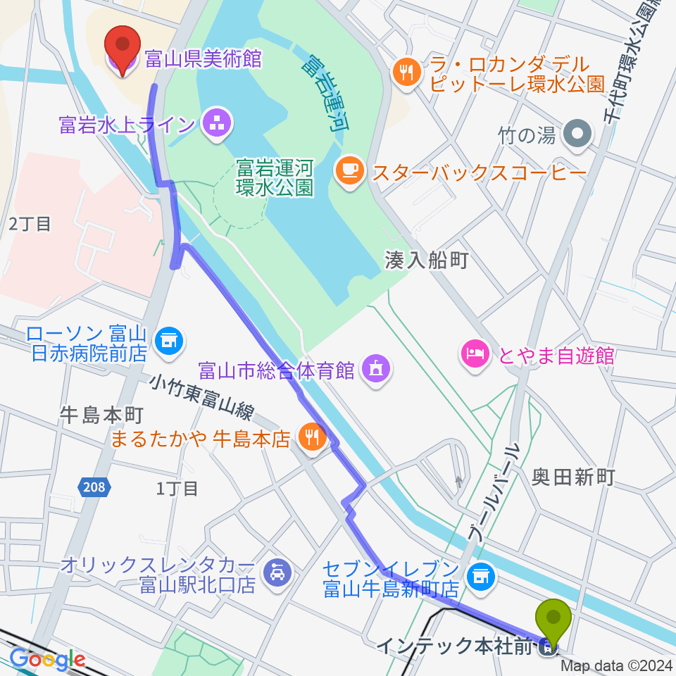 富山県美術館の最寄駅インテック本社前駅からの徒歩ルート（約16分）地図