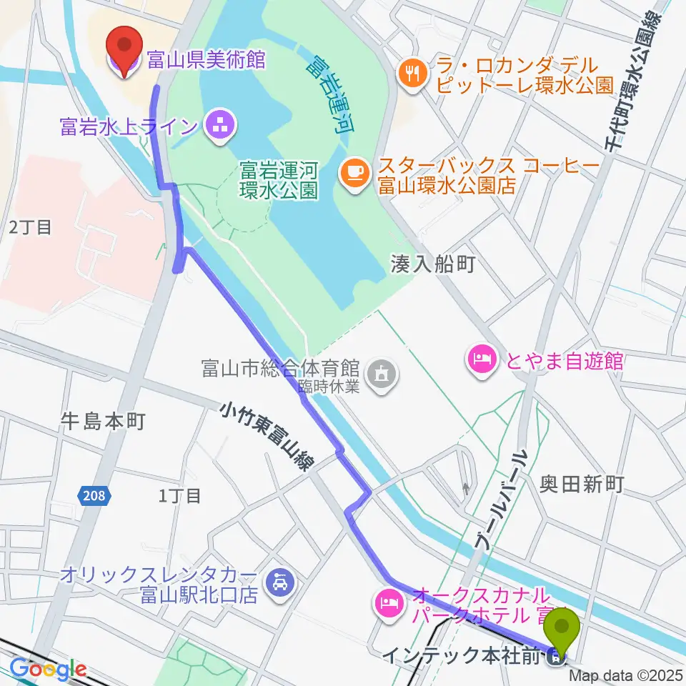 富山県美術館の最寄駅インテック本社前駅からの徒歩ルート（約16分）地図