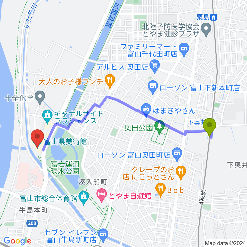 下奥井駅から富山県美術館へのルートマップ地図