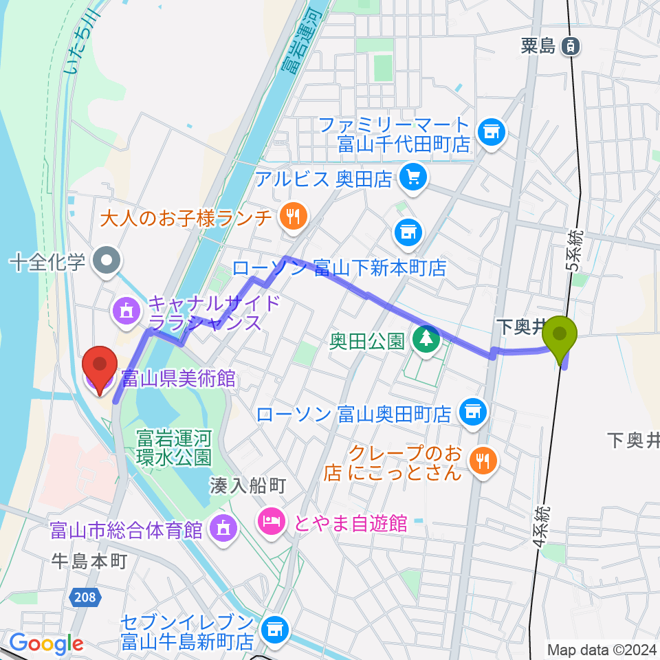 下奥井駅から富山県美術館へのルートマップ地図