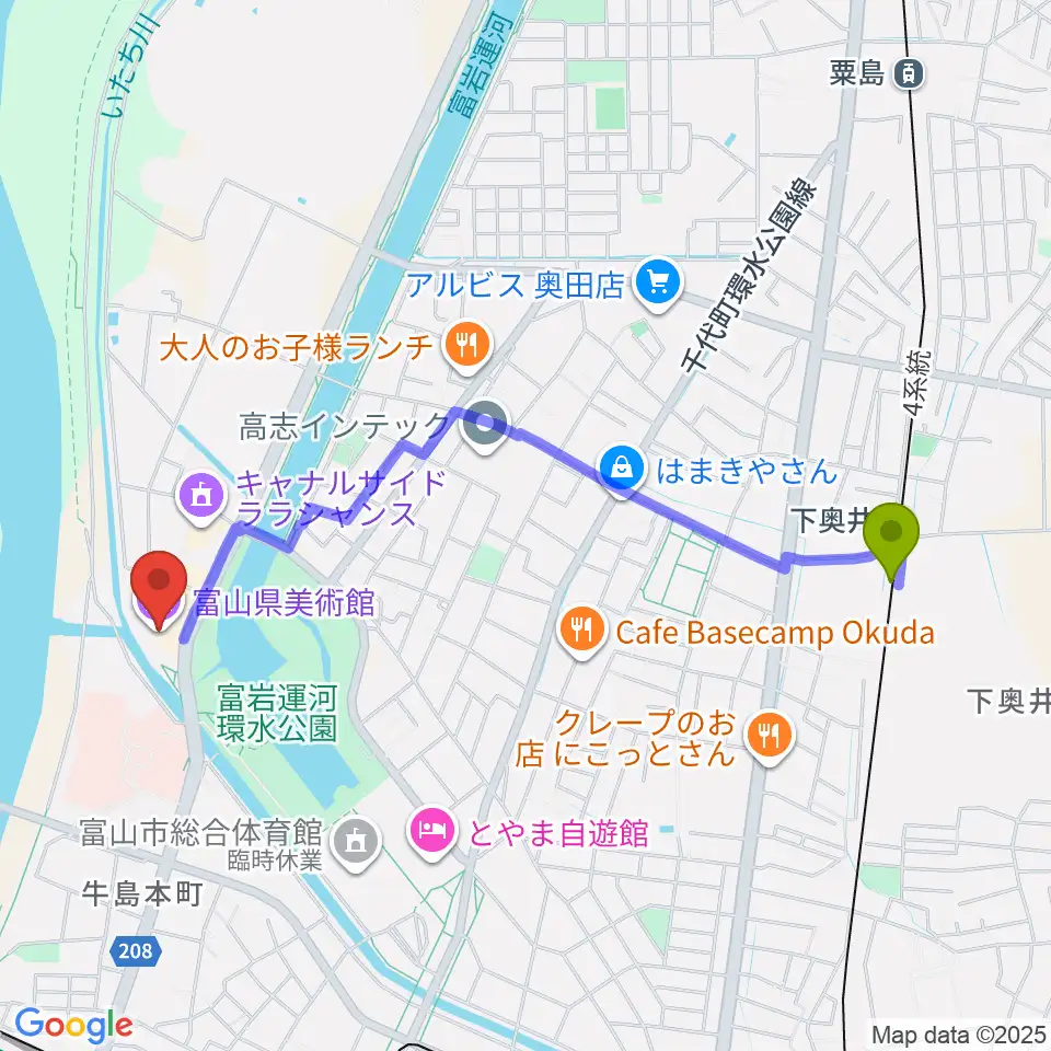 下奥井駅から富山県美術館へのルートマップ地図