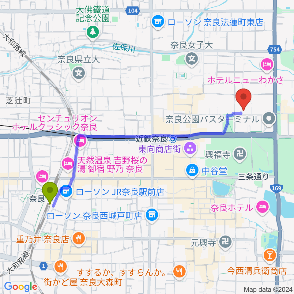 奈良駅から奈良県立美術館へのルートマップ地図