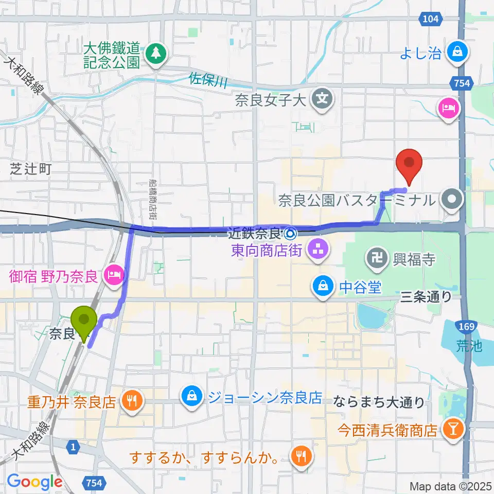 奈良駅から奈良県立美術館へのルートマップ地図
