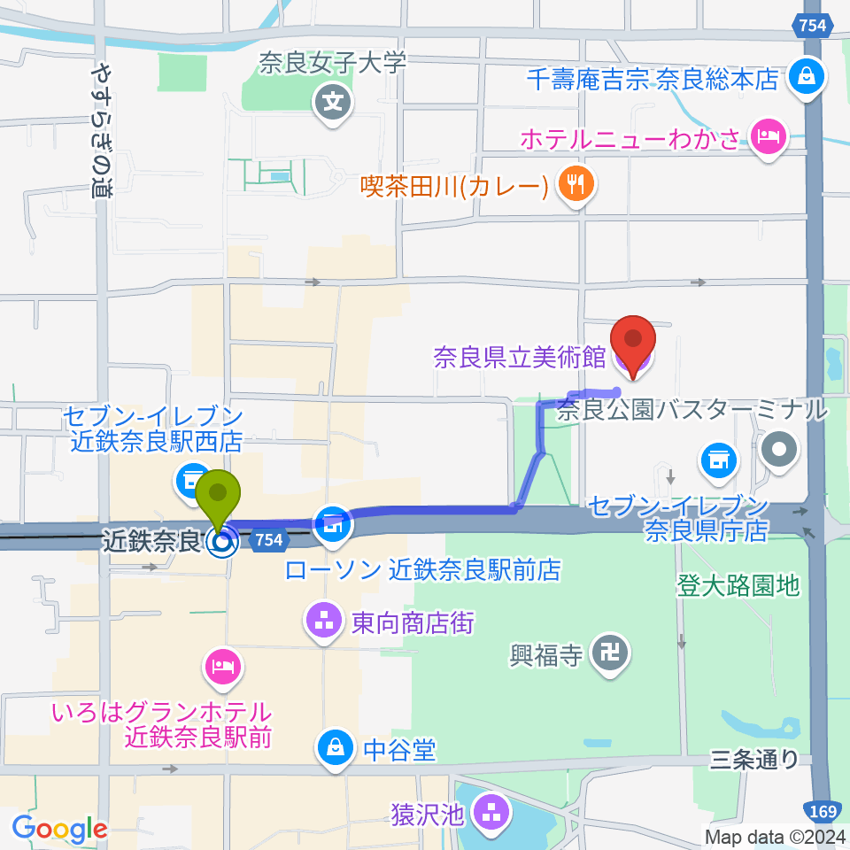 奈良県立美術館の最寄駅近鉄奈良駅からの徒歩ルート（約8分）地図