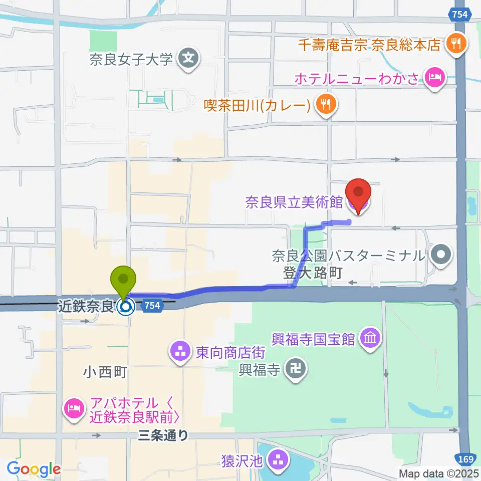 奈良県立美術館の最寄駅近鉄奈良駅からの徒歩ルート（約8分）地図