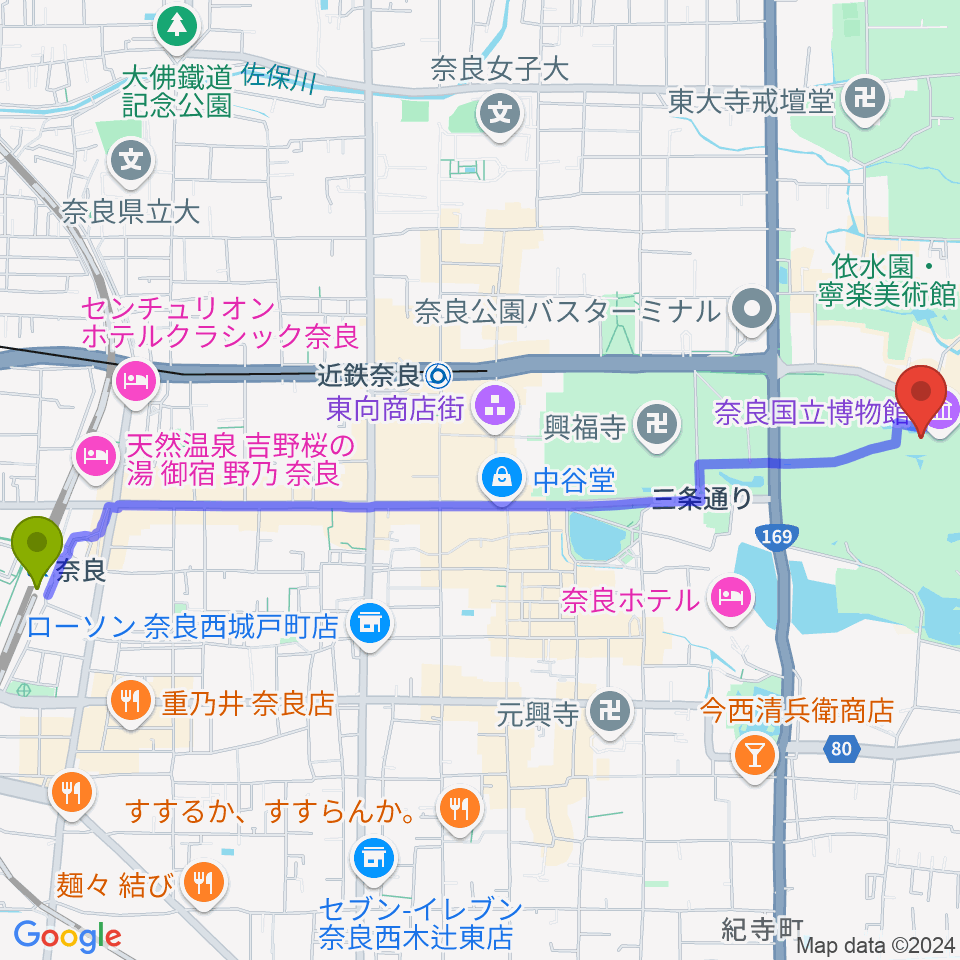 奈良駅から奈良国立博物館へのルートマップ地図