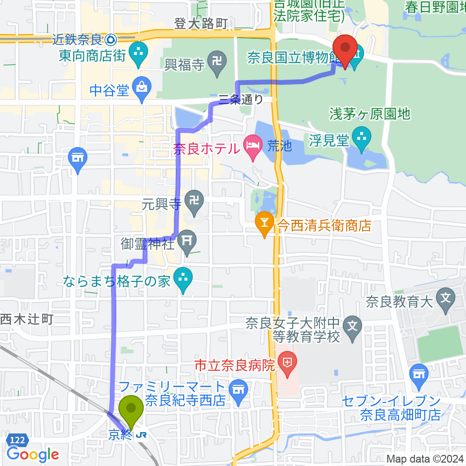 京終駅から奈良国立博物館へのルートマップ地図