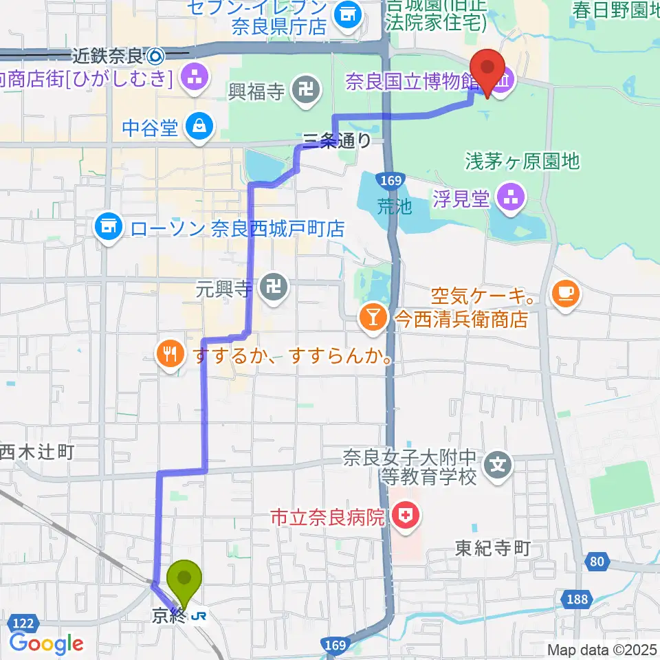 京終駅から奈良国立博物館へのルートマップ地図