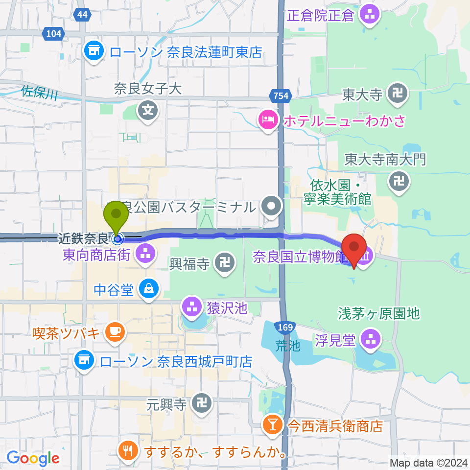 奈良国立博物館の最寄駅近鉄奈良駅からの徒歩ルート（約16分）地図