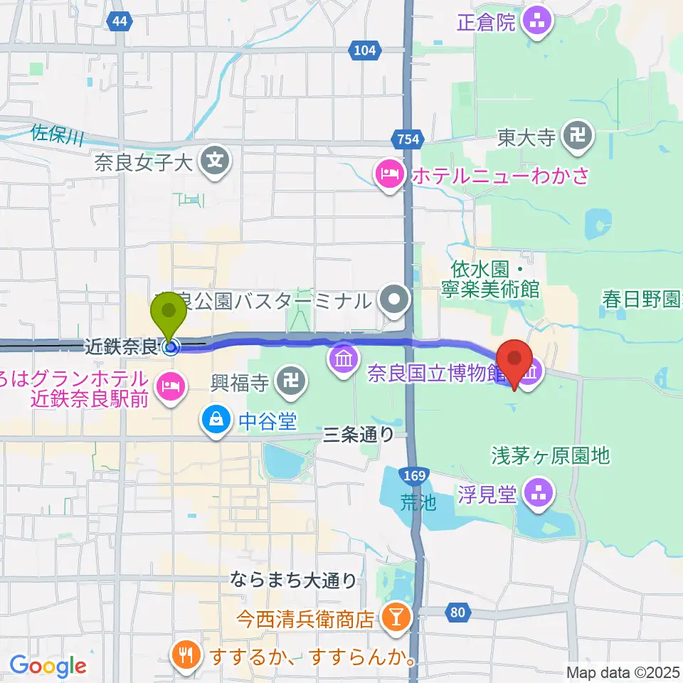 奈良国立博物館の最寄駅近鉄奈良駅からの徒歩ルート（約16分）地図
