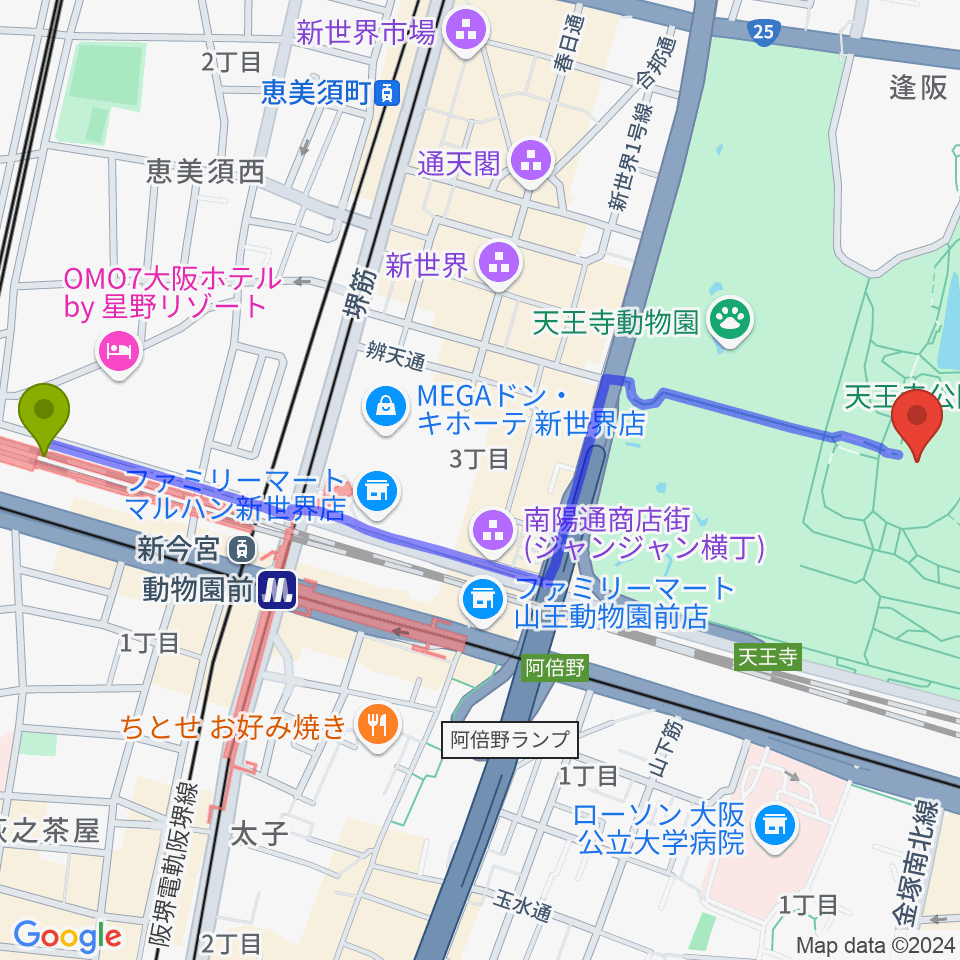 新今宮駅から大阪市立美術館へのルートマップ地図