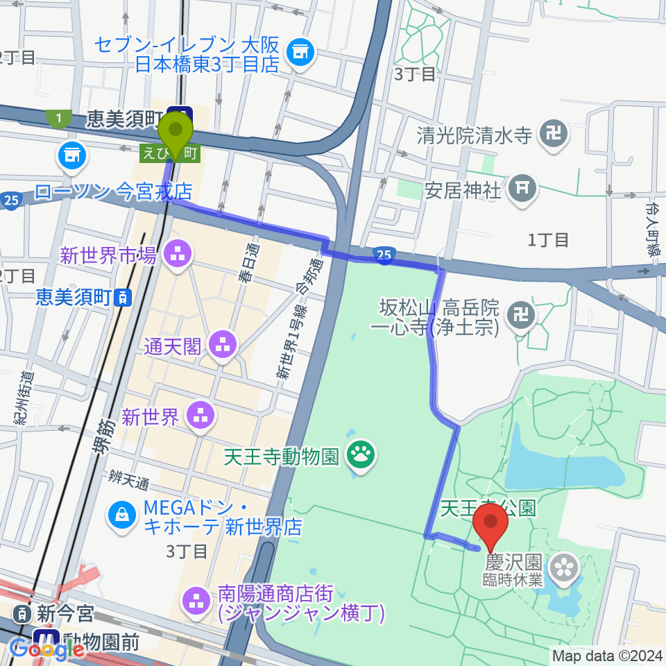 恵美須町駅から大阪市立美術館へのルートマップ地図