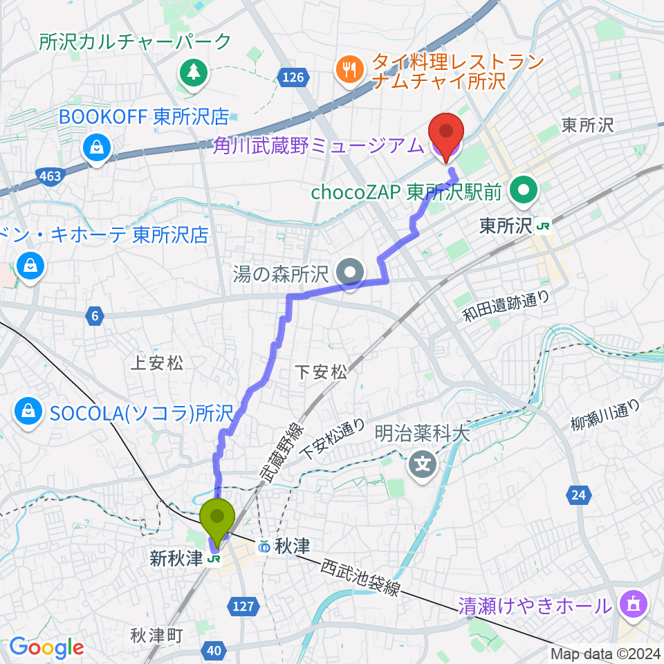 新秋津駅から角川武蔵野ミュージアムへのルートマップ地図