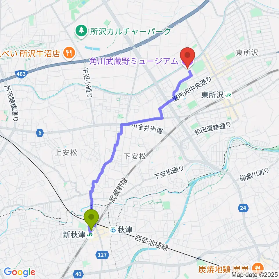 新秋津駅から角川武蔵野ミュージアムへのルートマップ地図