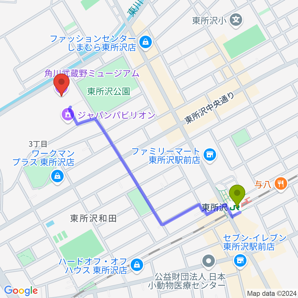 角川武蔵野ミュージアムの最寄駅東所沢駅からの徒歩ルート（約11分）地図