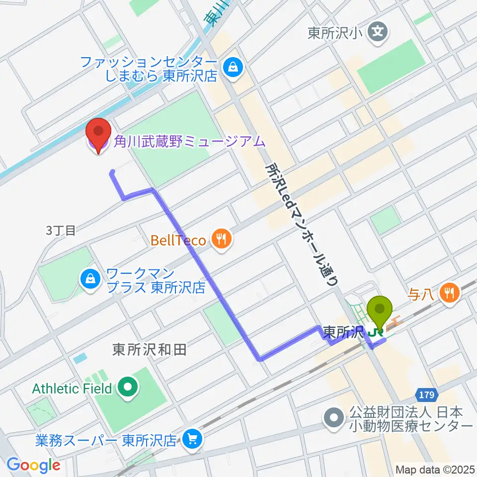 角川武蔵野ミュージアムの最寄駅東所沢駅からの徒歩ルート（約11分）地図