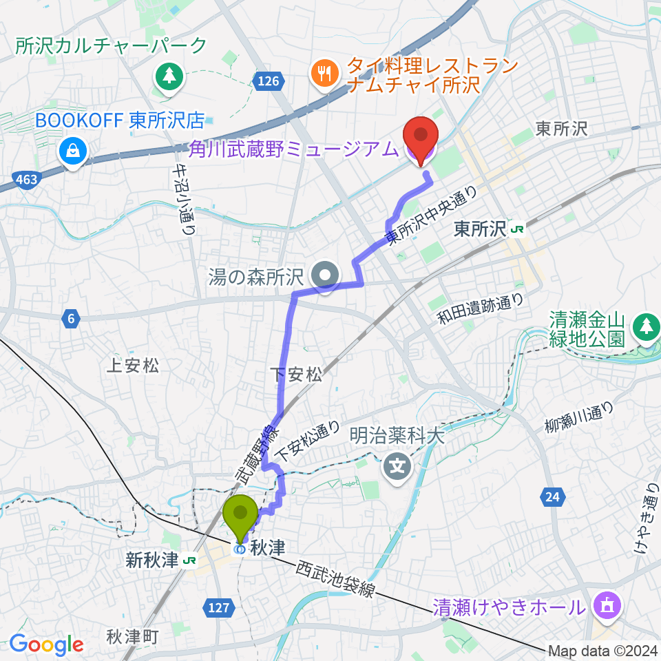 秋津駅から角川武蔵野ミュージアムへのルートマップ地図