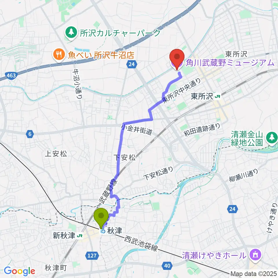 秋津駅から角川武蔵野ミュージアムへのルートマップ地図