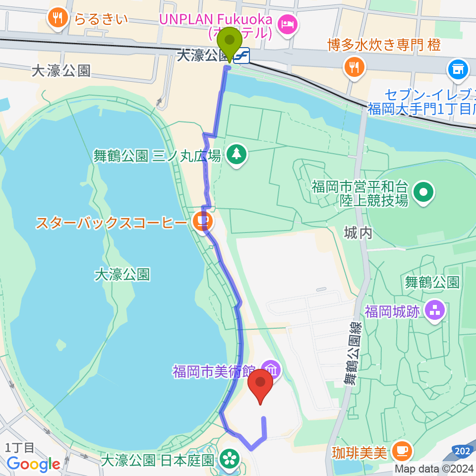 福岡市美術館の最寄駅大濠公園駅からの徒歩ルート（約11分）地図