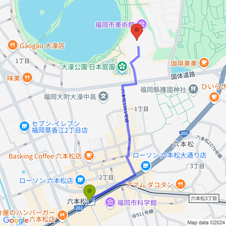 六本松駅から福岡市美術館へのルートマップ地図