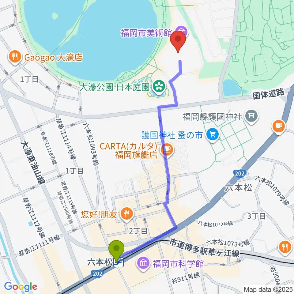 六本松駅から福岡市美術館へのルートマップ地図