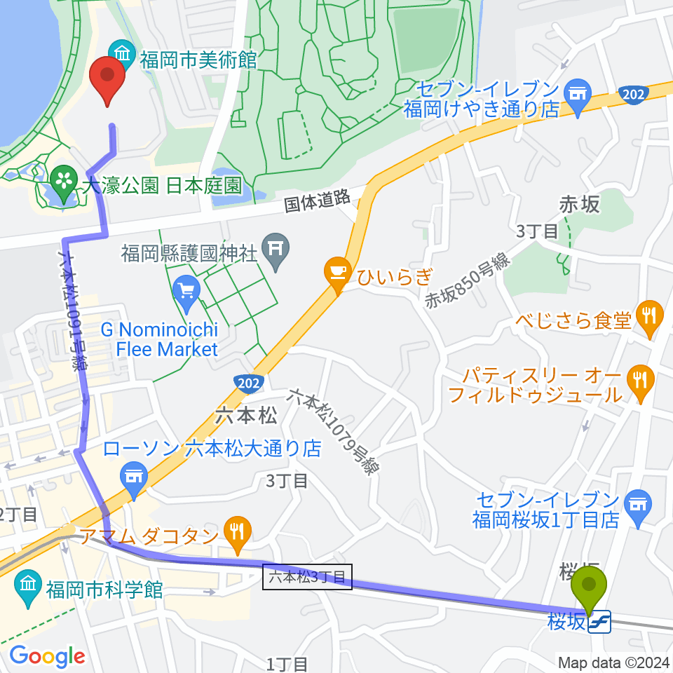 桜坂駅から福岡市美術館へのルートマップ地図