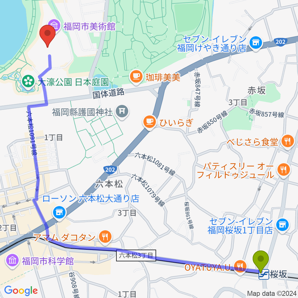 桜坂駅から福岡市美術館へのルートマップ地図