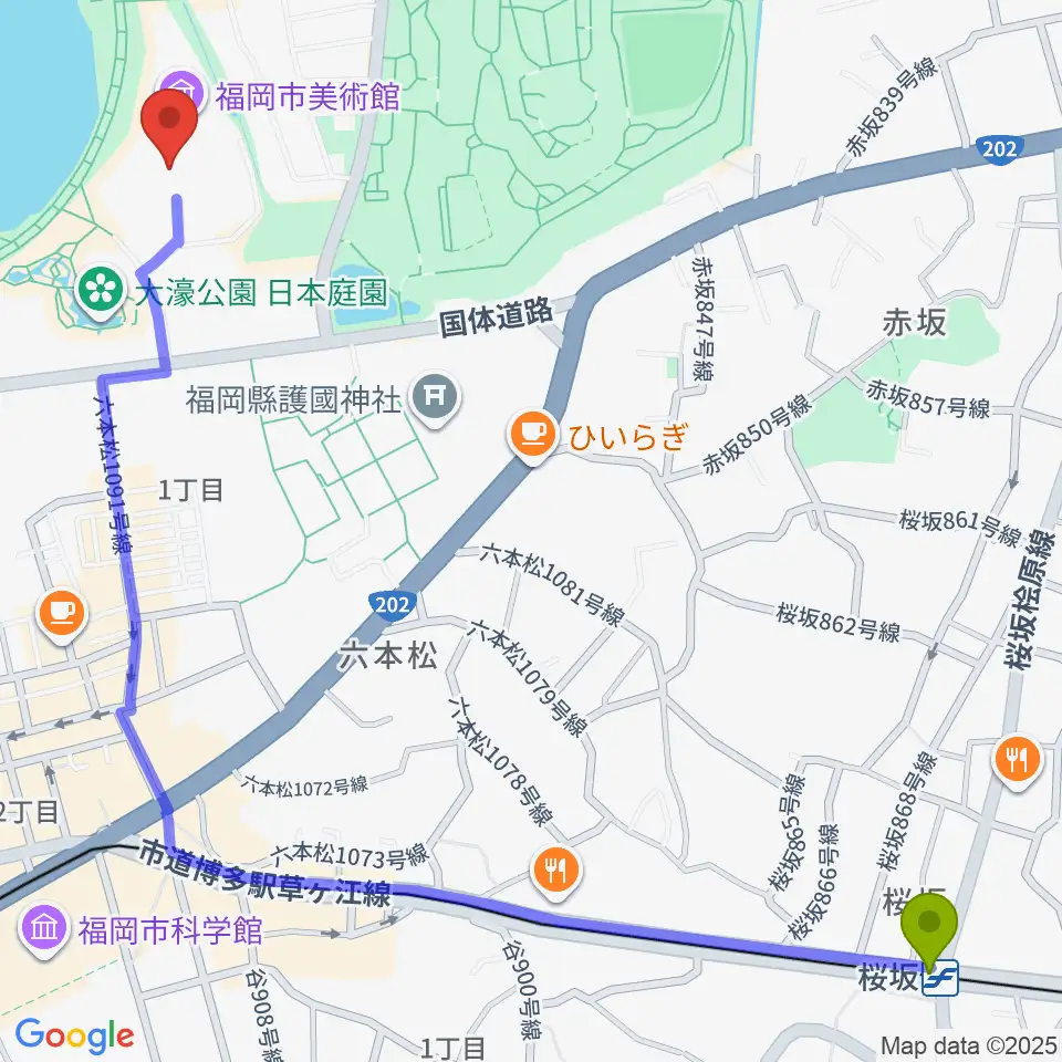 桜坂駅から福岡市美術館へのルートマップ地図