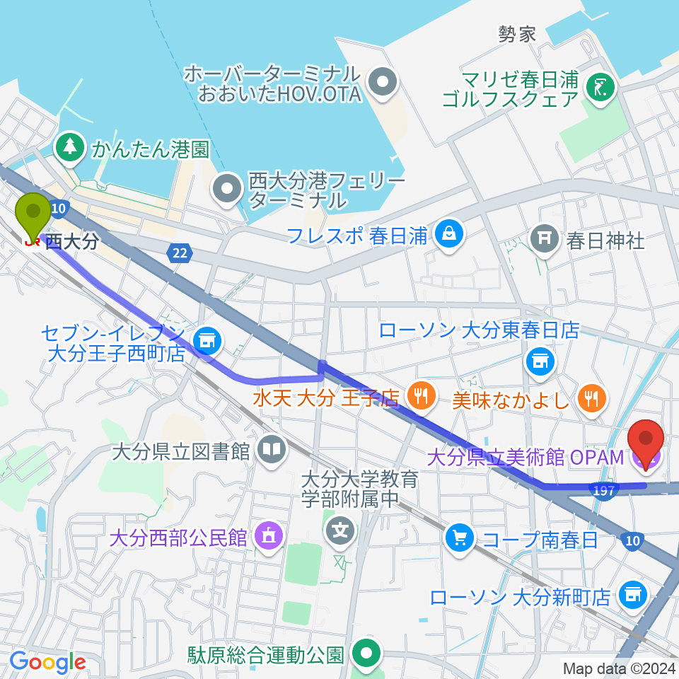 西大分駅から大分県立美術館（OPAM）へのルートマップ地図