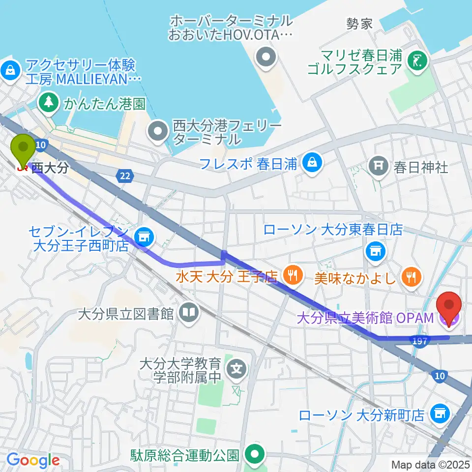 西大分駅から大分県立美術館（OPAM）へのルートマップ地図