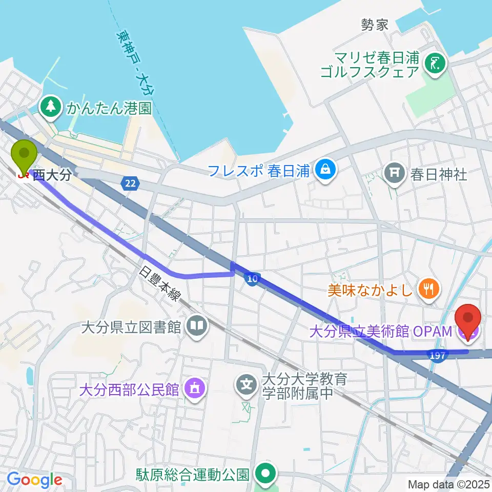 西大分駅から大分県立美術館（OPAM）へのルートマップ地図