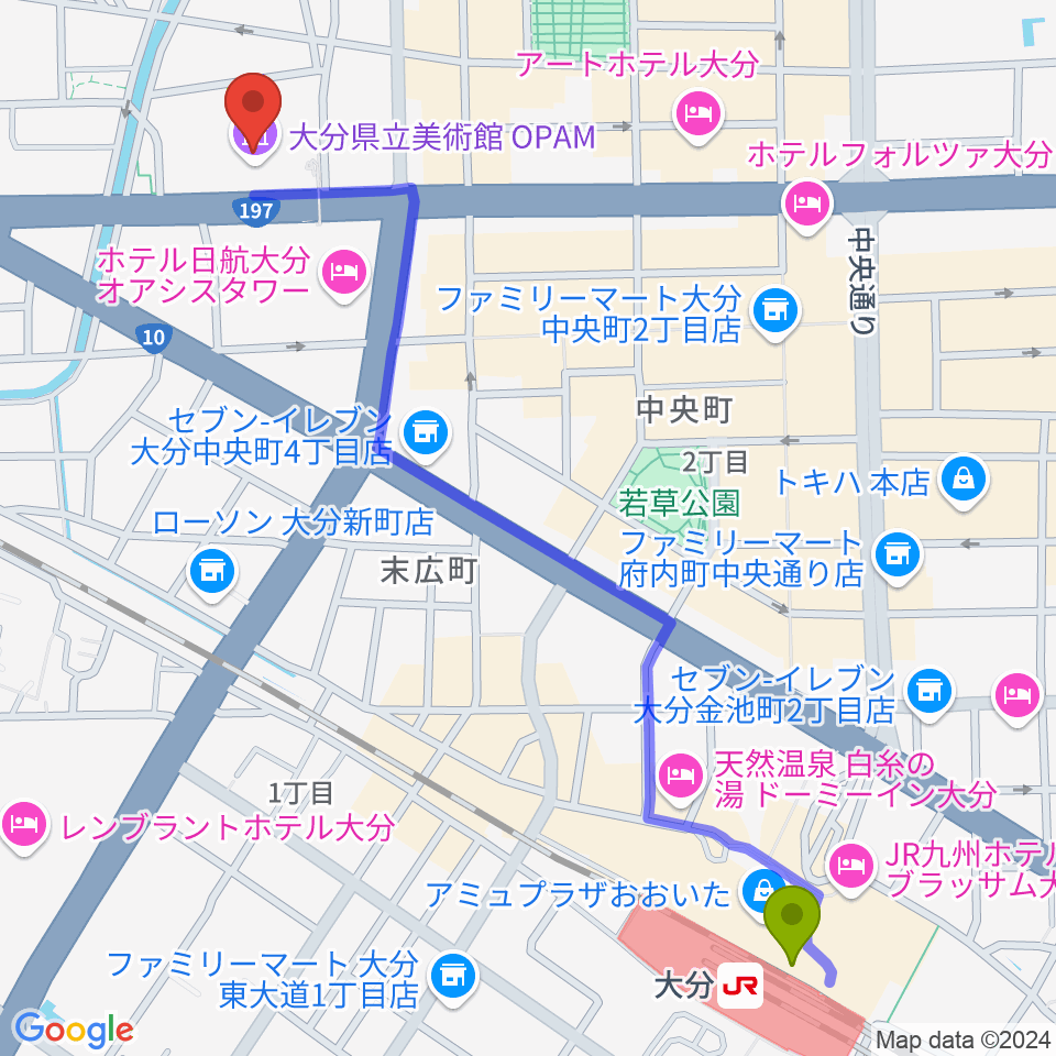 大分県立美術館（OPAM）の最寄駅大分駅からの徒歩ルート（約15分）地図