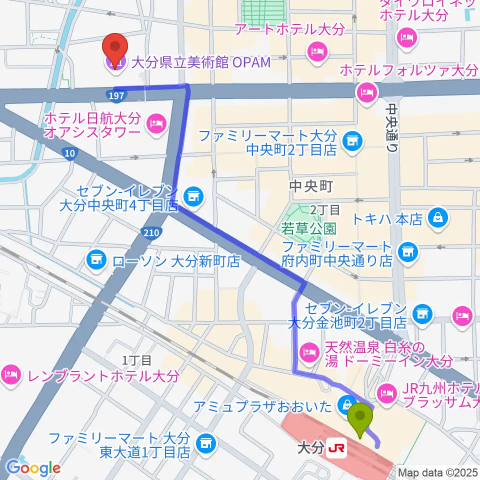 大分県立美術館（OPAM）の最寄駅大分駅からの徒歩ルート（約15分）地図