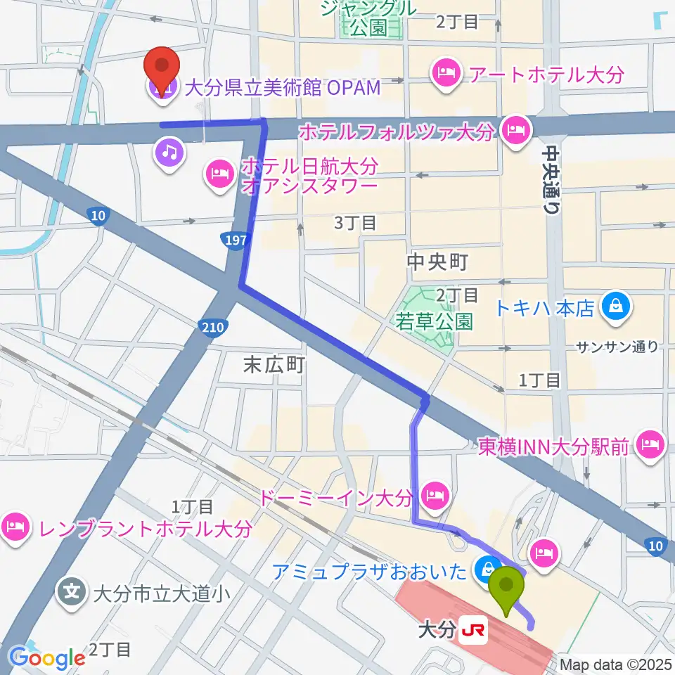大分県立美術館（OPAM）の最寄駅大分駅からの徒歩ルート（約15分）地図