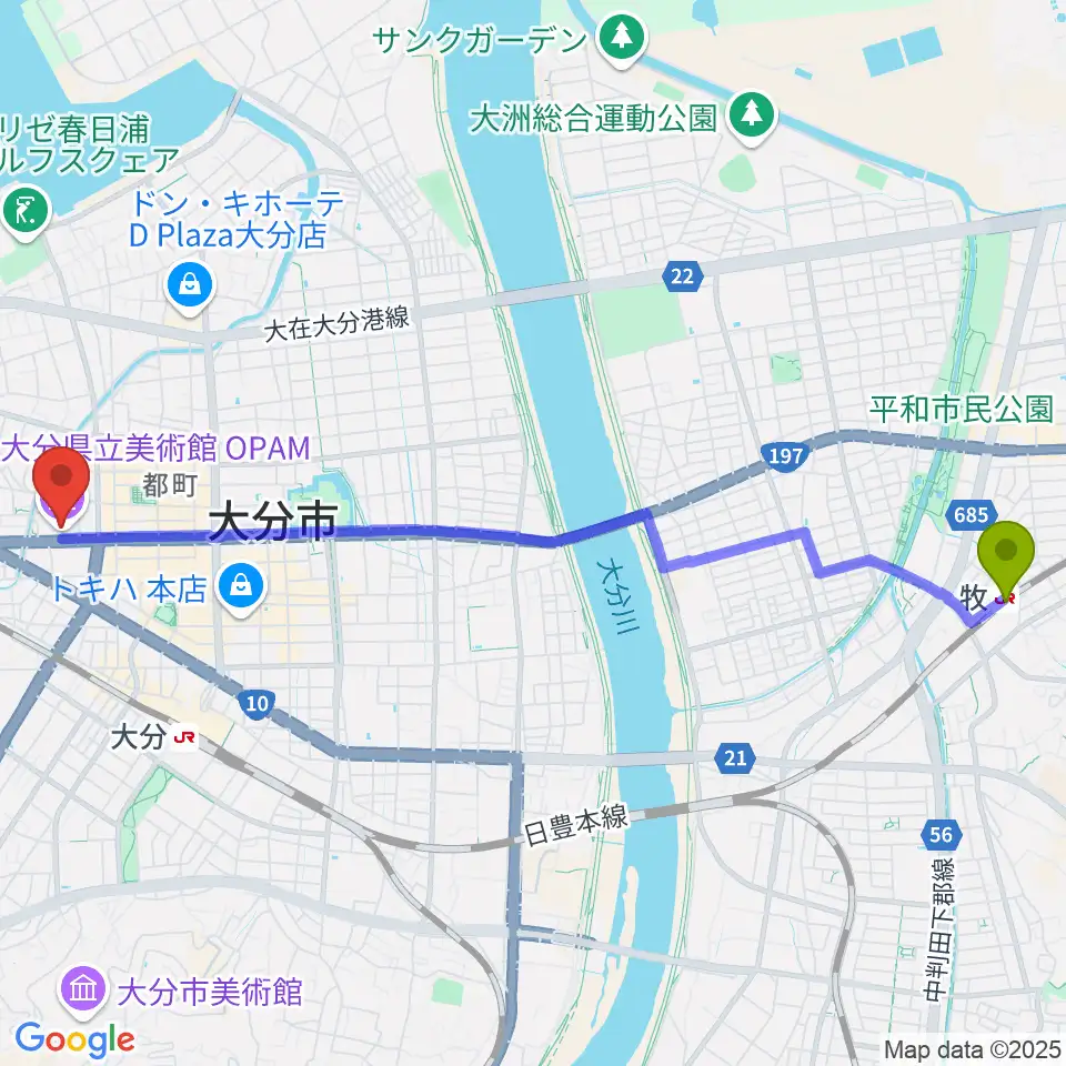 牧駅から大分県立美術館（OPAM）へのルートマップ地図