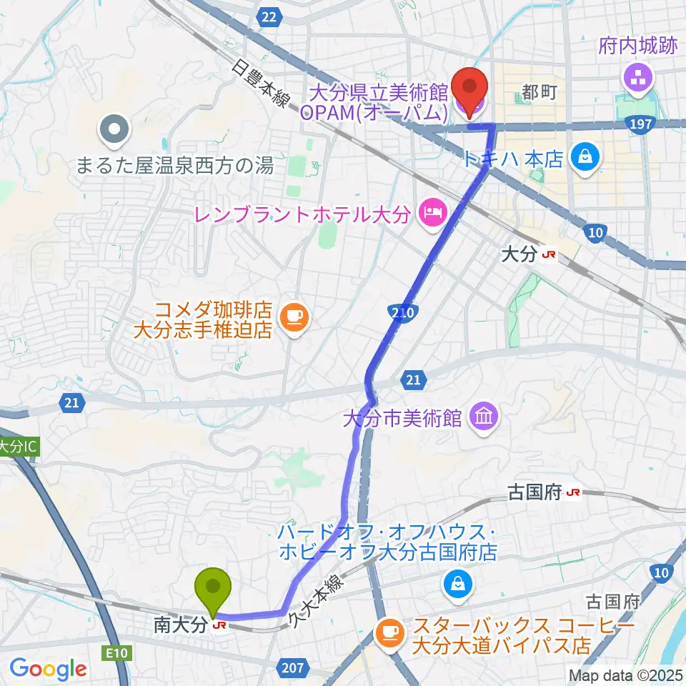 南大分駅から大分県立美術館（OPAM）へのルートマップ地図