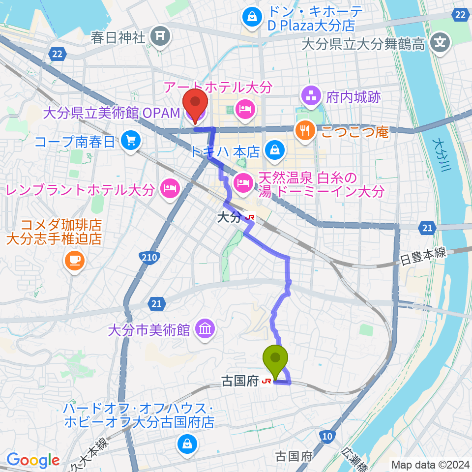 古国府駅から大分県立美術館（OPAM）へのルートマップ地図