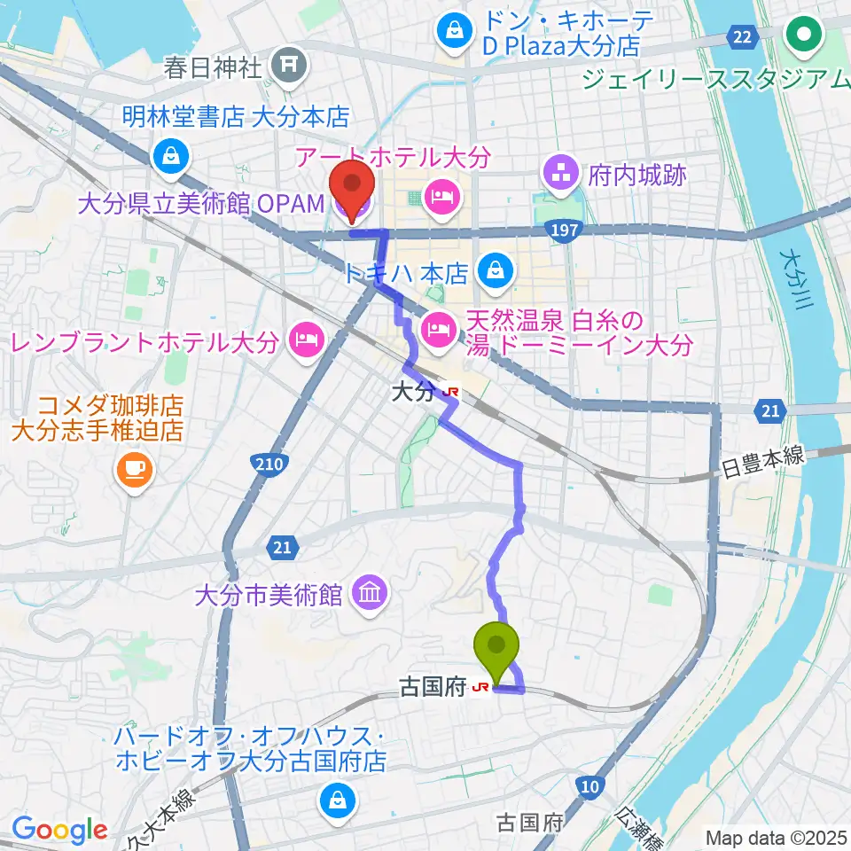 古国府駅から大分県立美術館（OPAM）へのルートマップ地図