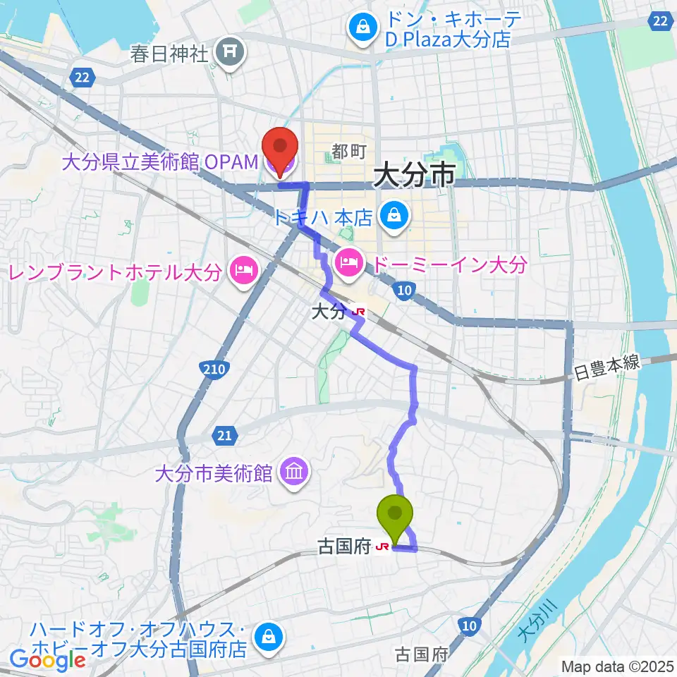 古国府駅から大分県立美術館（OPAM）へのルートマップ地図