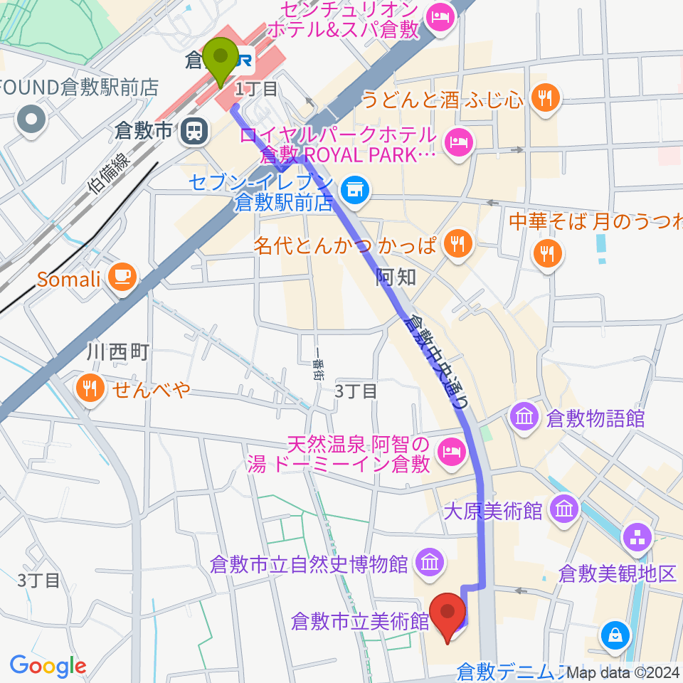 倉敷市立美術館の最寄駅倉敷駅からの徒歩ルート（約14分）地図