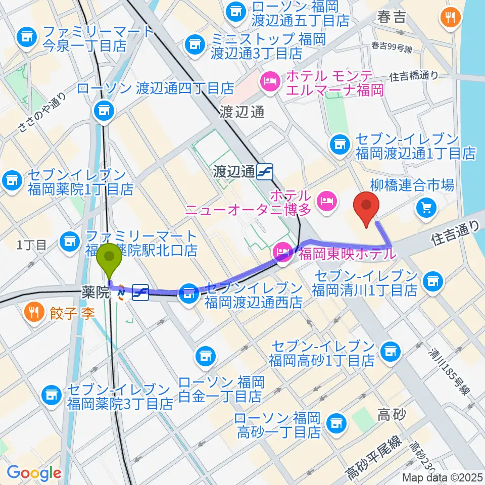 薬院駅から福岡HEACON LABOへのルートマップ地図